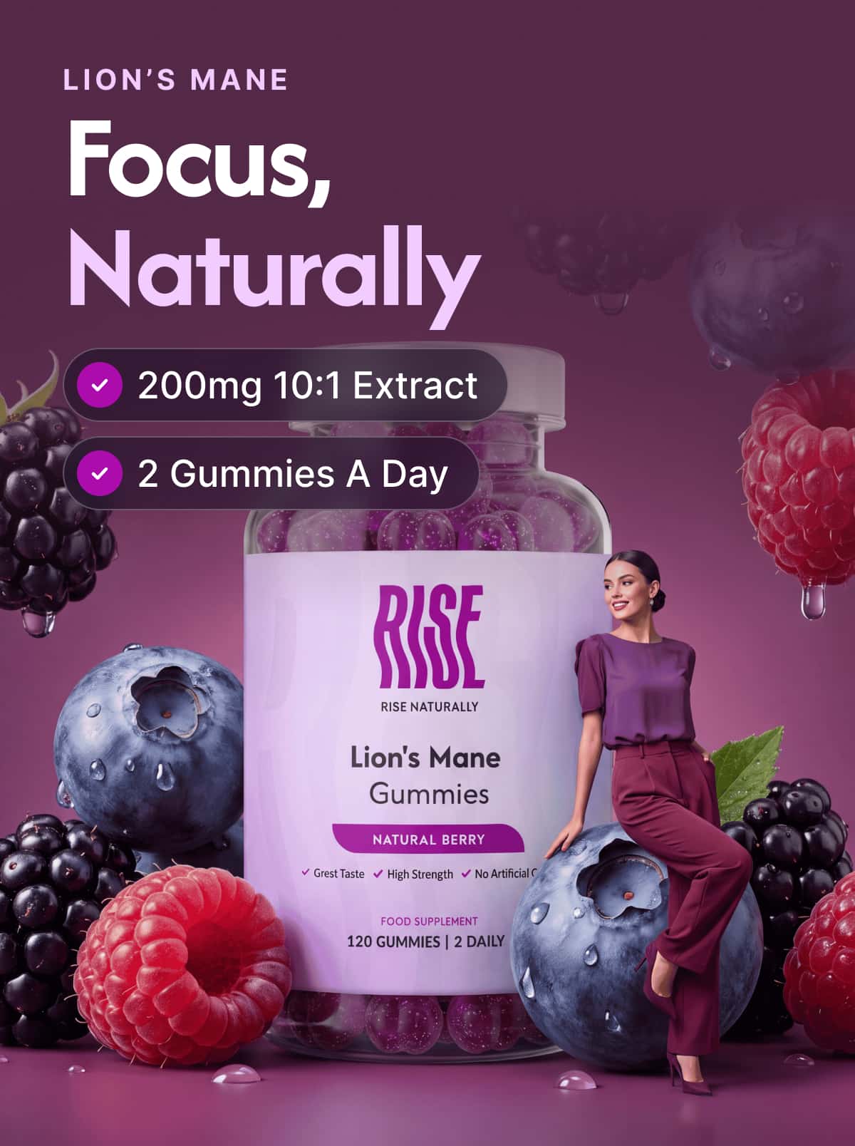 Lions Mane - 120 Natural Berry Flavour Gummies (60 Days · 50p A Day)