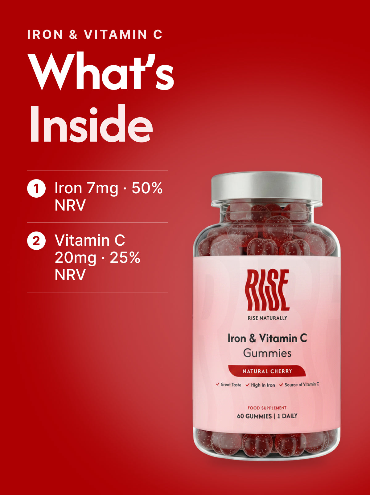 Iron & Vitamin C - 60 Natural Cherry Flavour Gummies (60 Days · 30p A Day)