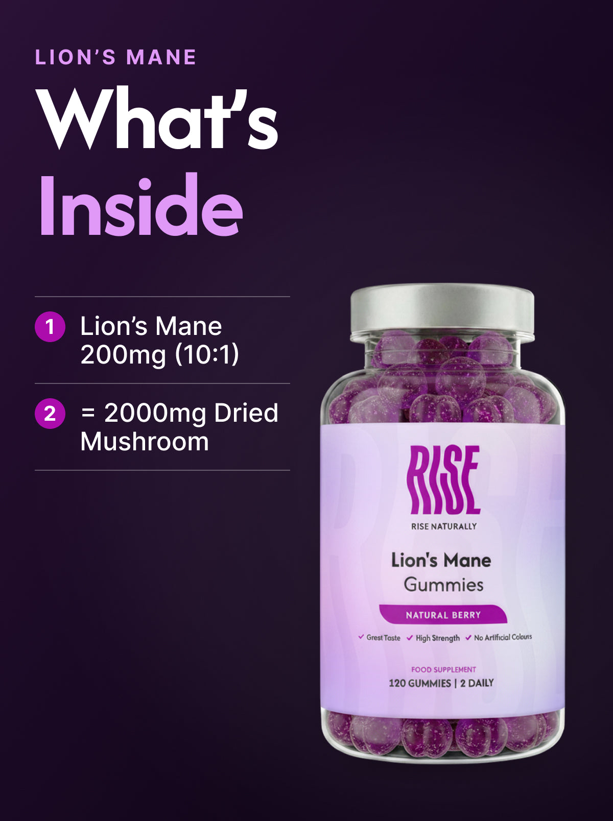 Lions Mane - 120 Natural Berry Flavour Gummies (60 Days · 50p A Day)