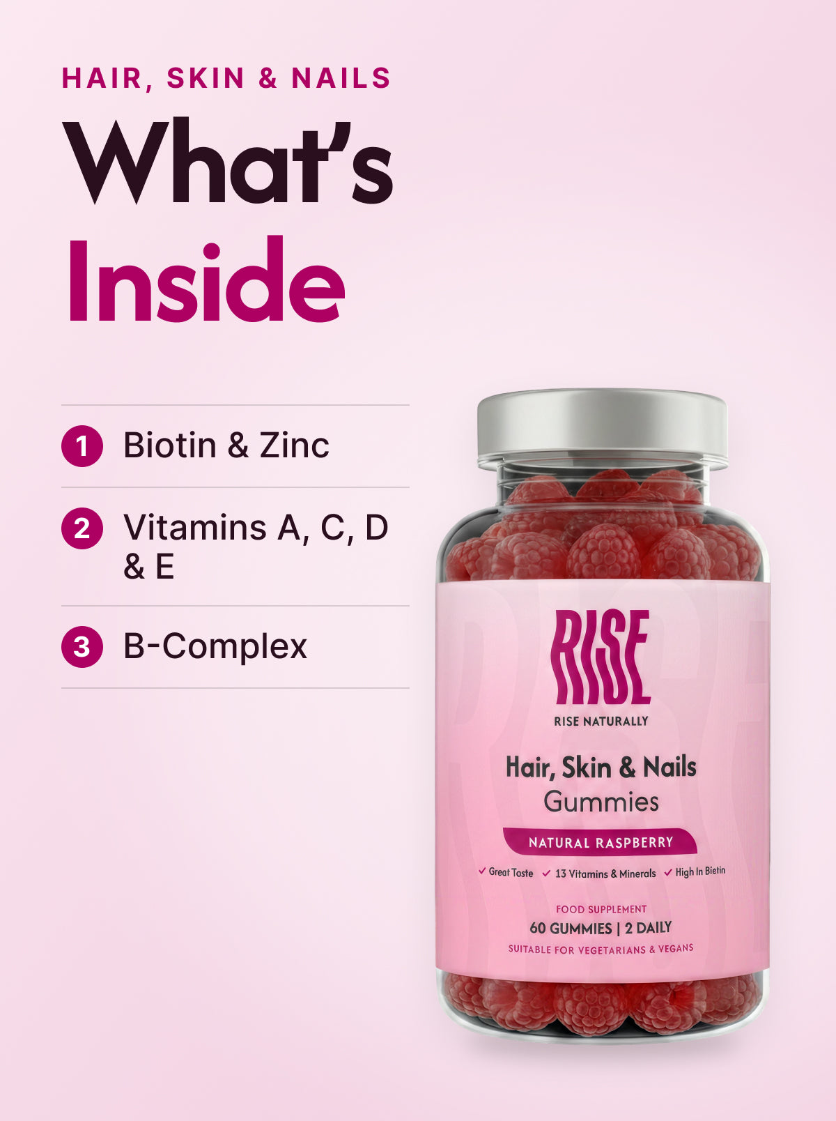 Hair Skin & Nails Complex - 60 Natural Raspberry Flavour Gummies (30 Days · 57p A Day)