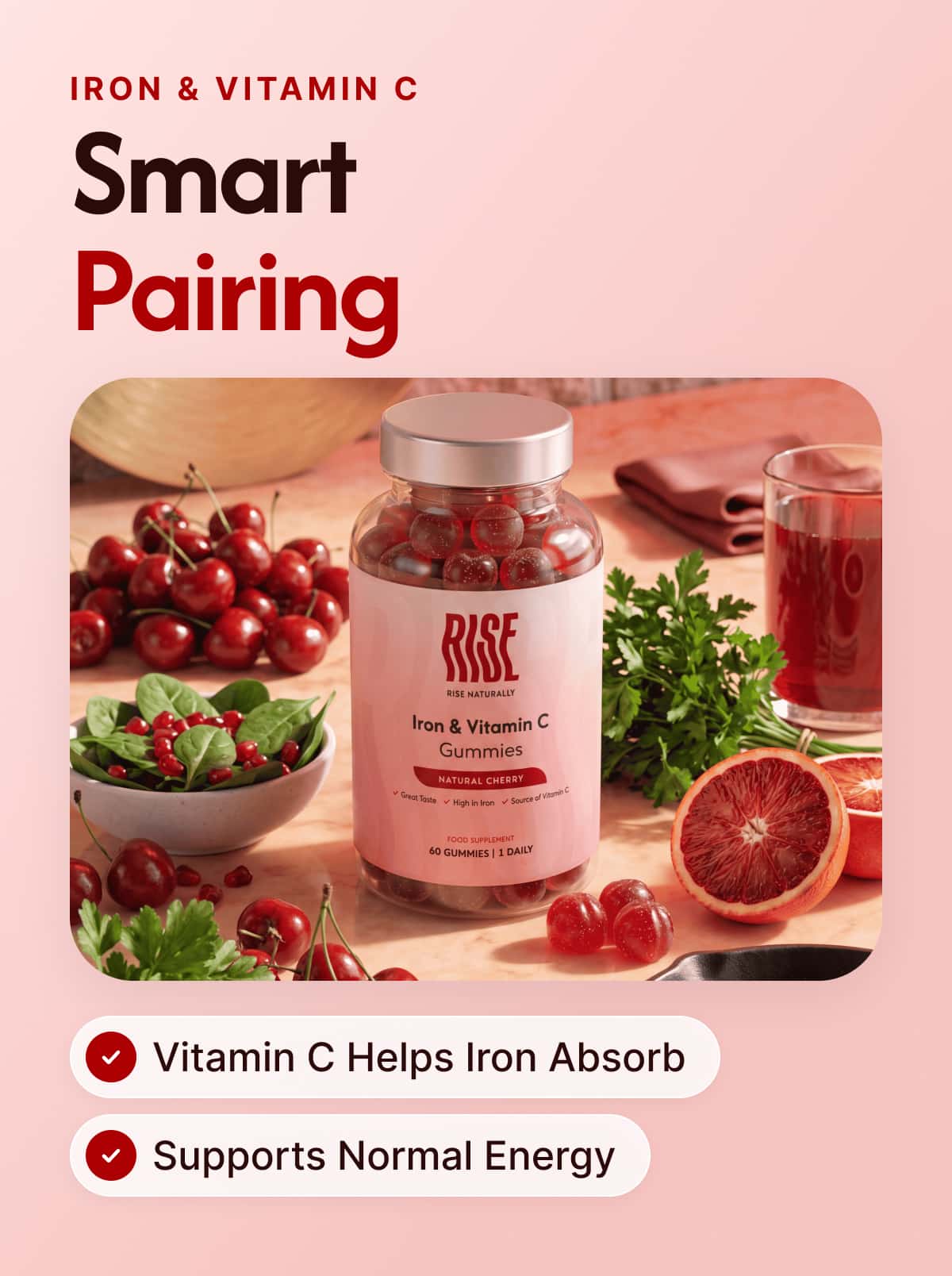 Iron & Vitamin C - 60 Natural Cherry Flavour Gummies (60 Days · 30p A Day)