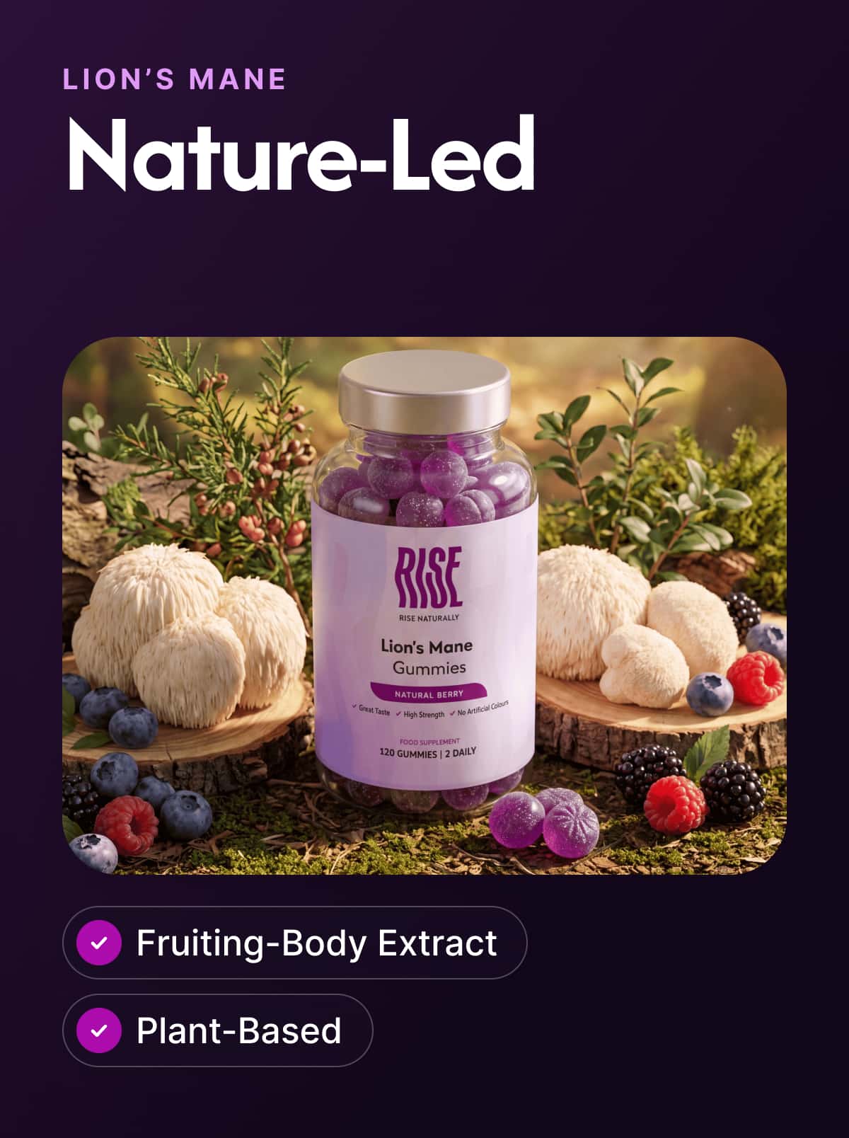 Lions Mane - 120 Natural Berry Flavour Gummies (60 Days · 50p A Day)
