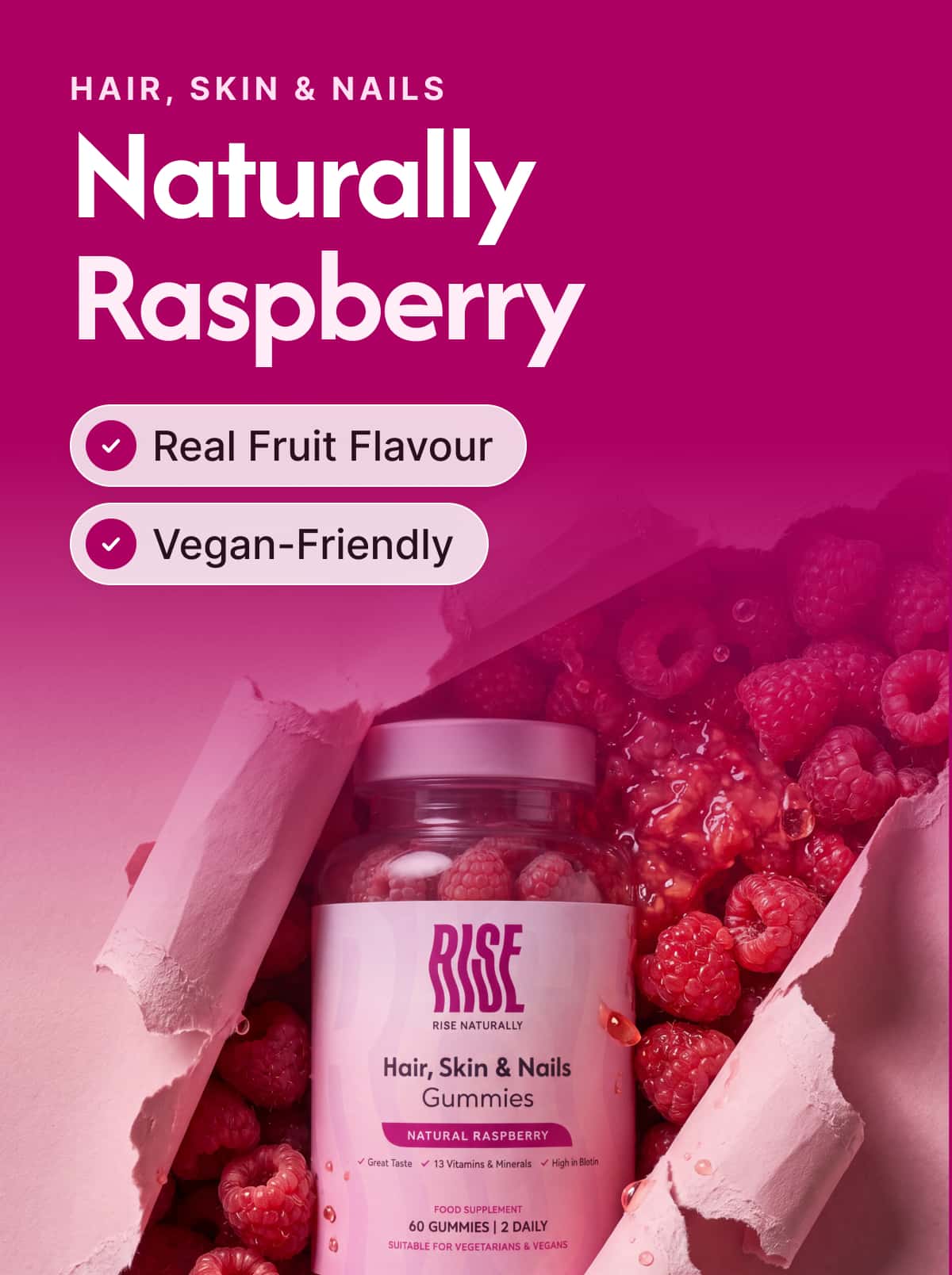 Hair Skin & Nails Complex - 60 Natural Raspberry Flavour Gummies (30 Days · 57p A Day)